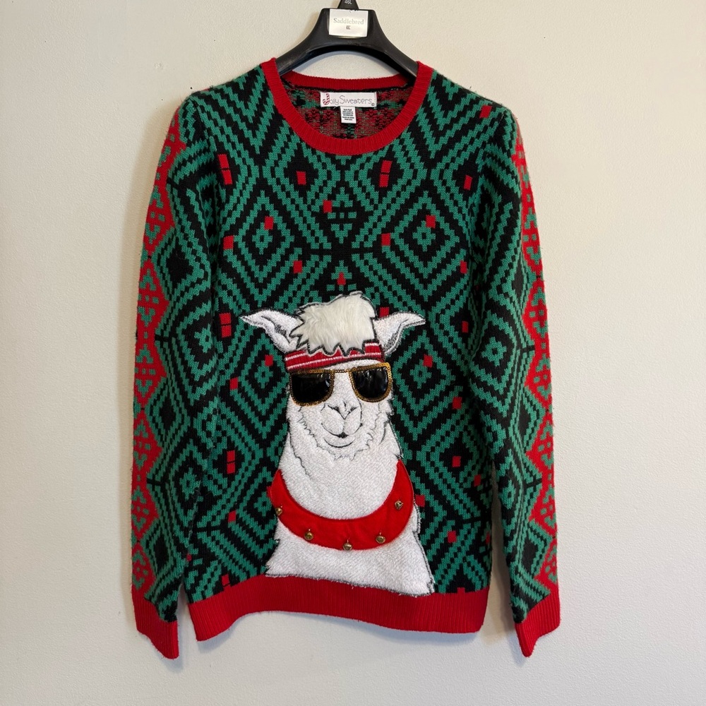Jolly Sweaters UGLY CHRISTMAS Workout Lama Holiday Sweater Size M Aztec